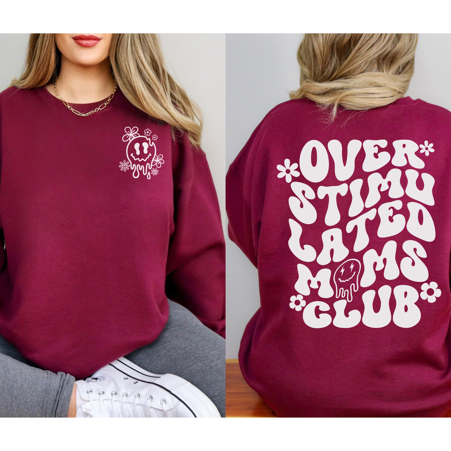 Over Stimulated Moms Club Crewneck Sweatshirt sizes small to 5XL